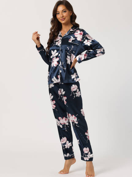 cheibear - Floral Sleep Shirt Long Pants Satin Pj Set