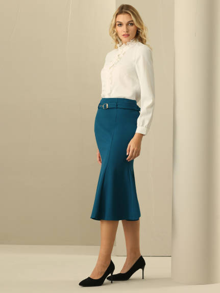 Hobemty - High Waist Belted Midi Fishtail Skirt