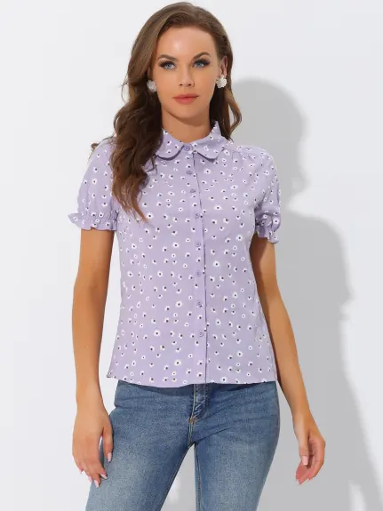 Allegra K - Frilled Short Sleeve Floral Cotton Shirt