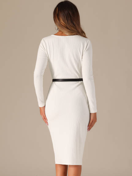 Allegra K - Square Neck Belt Bodycon Long Sleeve Dress