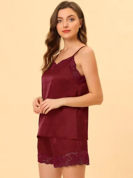 Allegra K - Satin Lace Cami Tops Lounge Sets