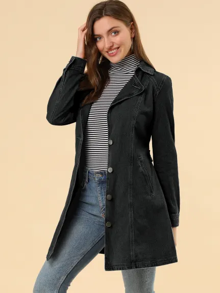 Allegra K- Notched Lapel Button Belted Long Denim Jacket