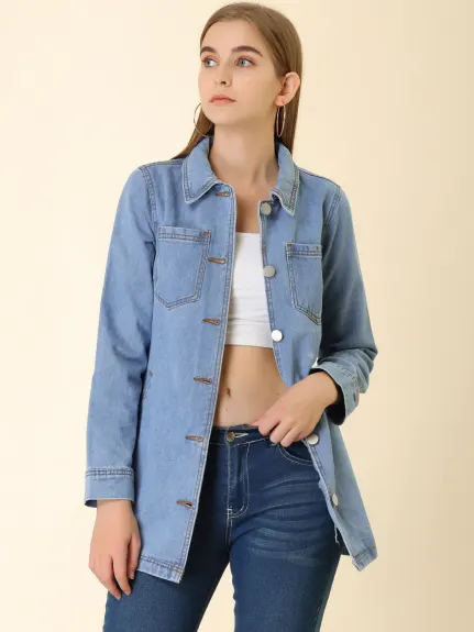 Allegra K- Veste en jean à manches raglan et ceinture à nouer à la taille