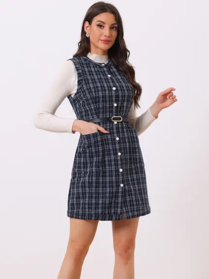 Allegra K - Button Down Pinafore Tweed Dress with Belt