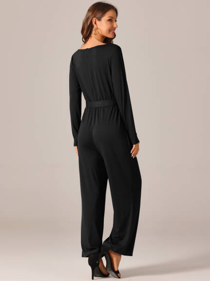 Allegra K - V Neck Long Sleeve Belted Jumpsuit