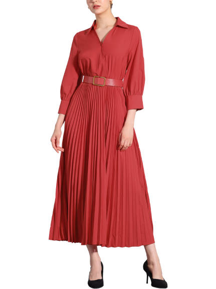 Allegra K - V-Neck Belted Formal Maxi Pleated Dress