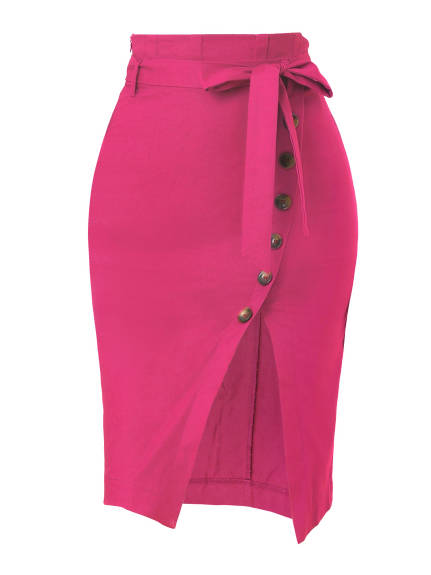 Allegra K - Button Decor Split Belted Pencil Skirt