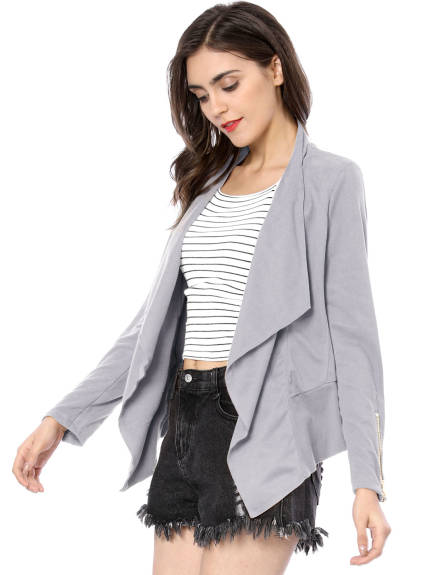 Allegra K- Zipper Cuffs Draped Front Faux Suede Jacket