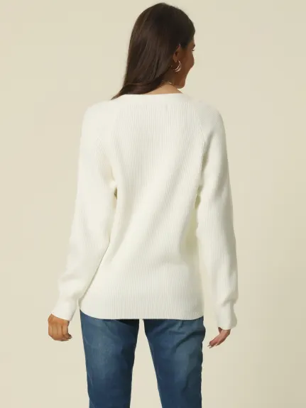 Allegra K- V Neck Button Down Ribbed Knit Pullover Top