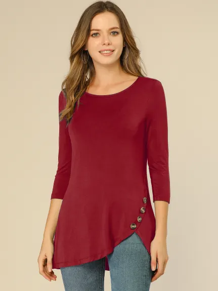 Allegra K- 3/4 Sleeve Tunic Asymmetry Button Top