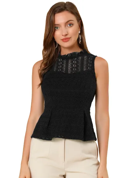 Allegra K- Ruffle Neck Sleeveless Floral Lace Peplum Top