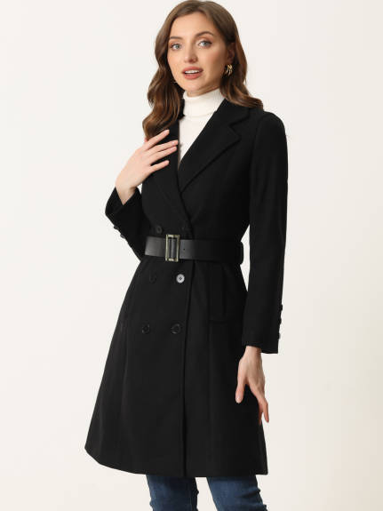 Allegra K - Winter Belted Double Breasted Long Coat