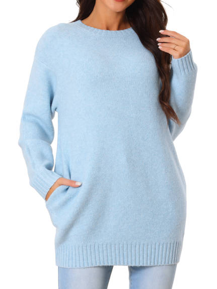 Allegra K- Round Neck Pullover Sweater with Pockets