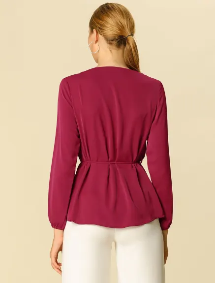 Allegra K- Long Sleeve Round Neck Belted Waist Peplum Blouse