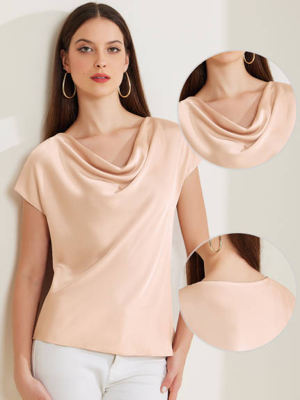 Allegra K - Cowl Neck Short Sleeve Satin Top