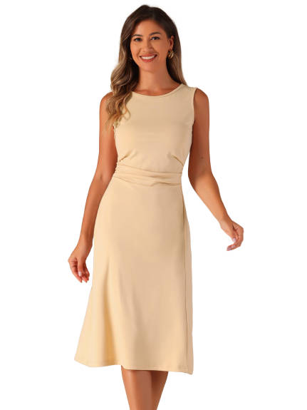 Allegra K- Ruched Crew Neck Sleeveless Midi Dress