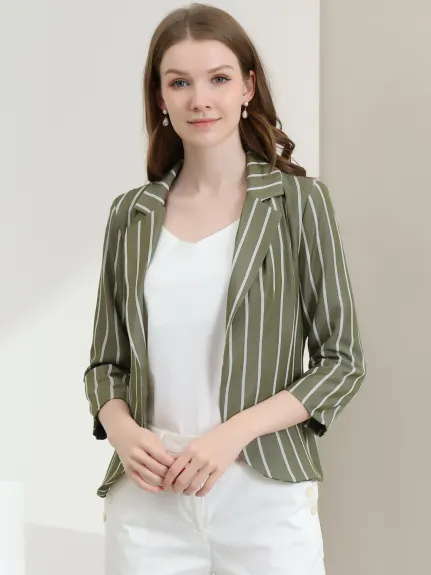 Allegra K- Casual Striped 3/4 Sleeves Open Front Notched Lapel Blazer