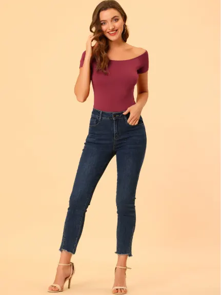 Allegra K- Off Shoulder Solid Slim Fit Tees