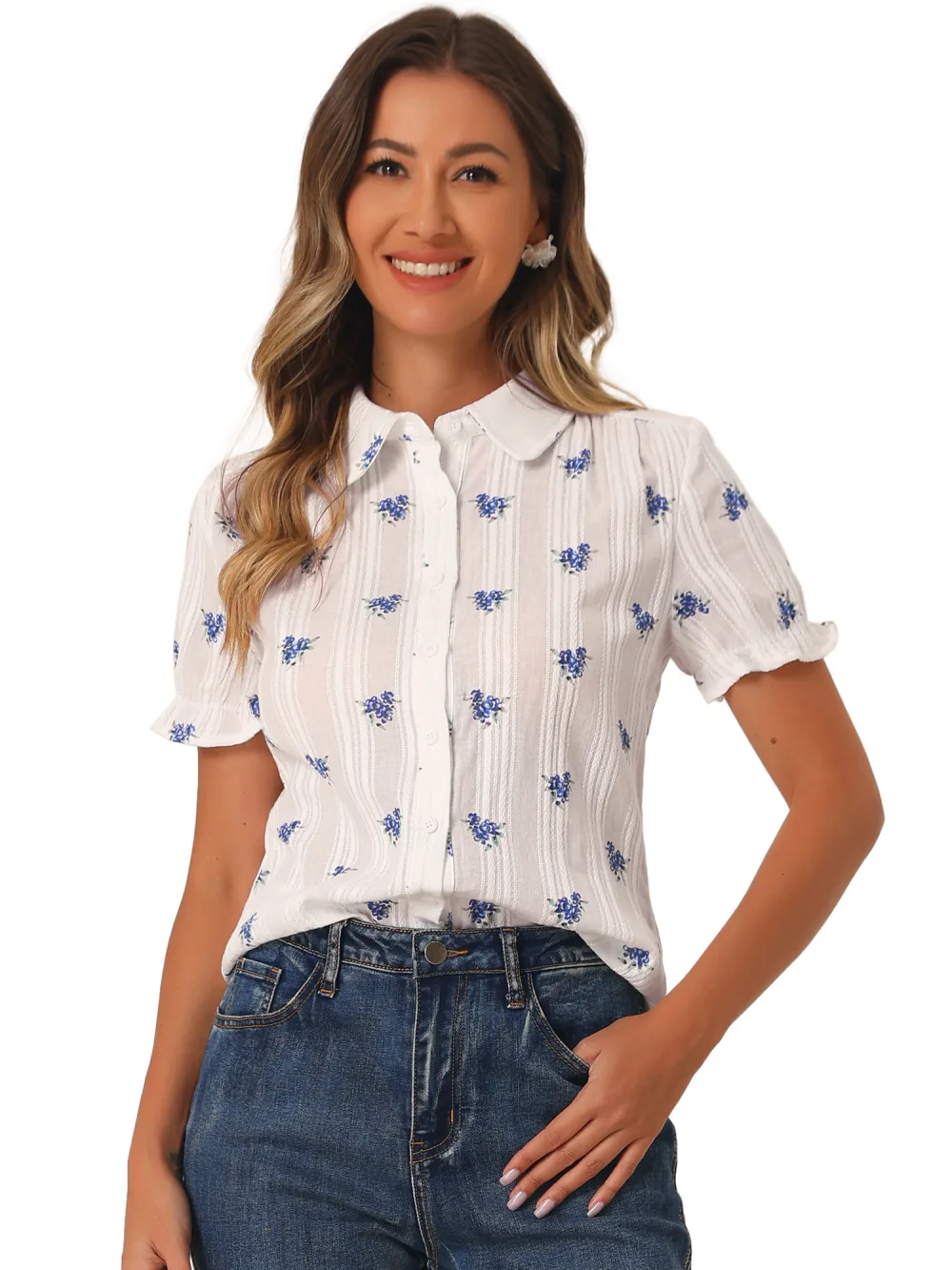 Allegra K - Frilled Short Sleeve Floral Cotton Shirt