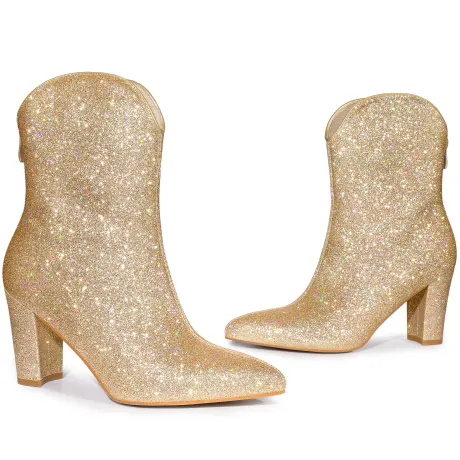 Allegra K - V Shape Pointed Toe Glitter Mid Calf Boots