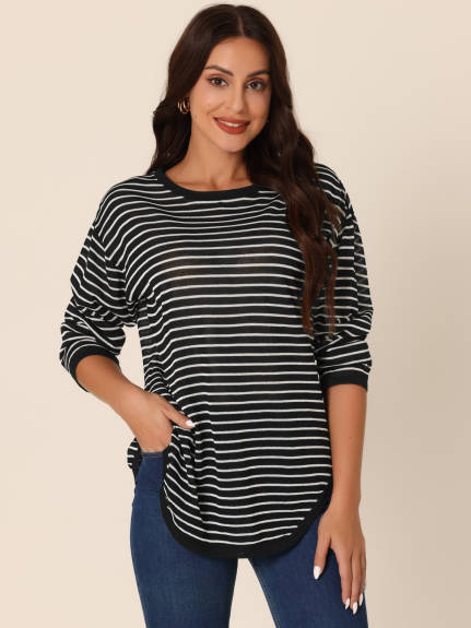 Allegra K- Back Split Striped Knit Pullover Curved Hem Sweater