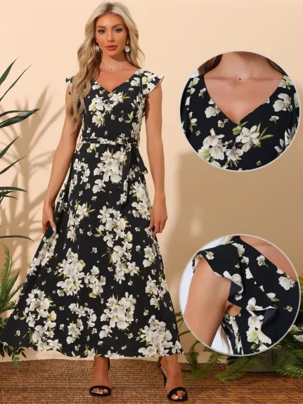 Allegra K - Summer Belted Floral Maxi Dress