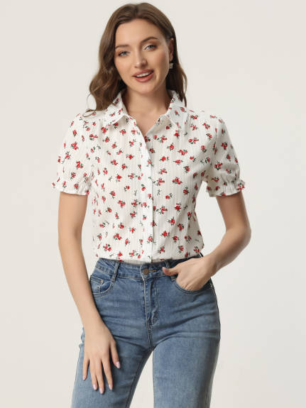 Allegra K - Frilled Short Sleeve Floral Cotton Shirt