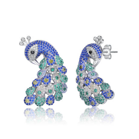 Genevive Sterling Silver White Gold Plated with Multi-Colored Cubic Zirconia Peacock Stud Earrings