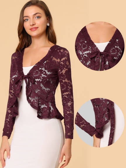 Allegra K - Tie Front Ruffle Lace Sheer Cropped Cardigan