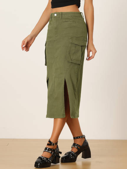 Allegra K- Cargo Split Hem Denim Midi Skirt