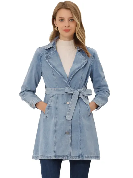 Allegra K- Notched Lapel Button Belted Long Denim Jacket