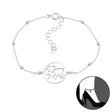 Sterling Silver Ball Chain Anklet with Globe Charm - Ag Sterling