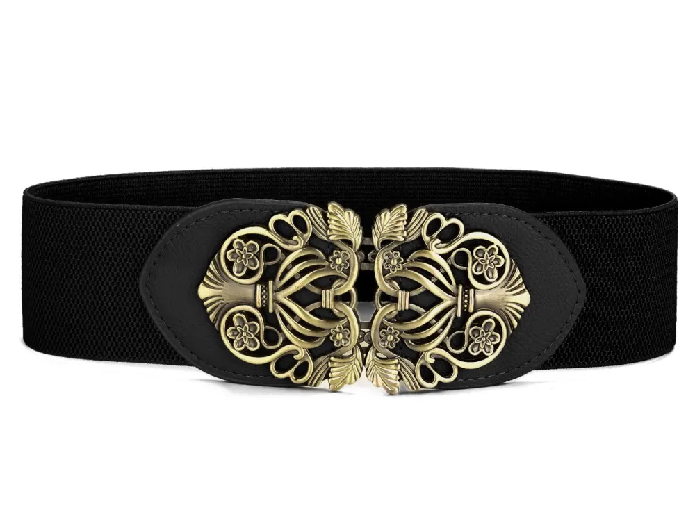 Allegra K- Interlocking Gold Buckle Woven Cinch Waist Belt