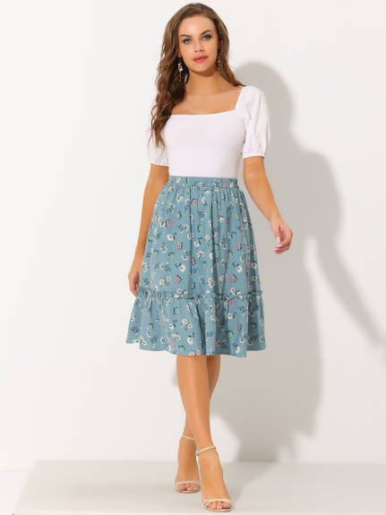 Allegra K- Ruffle Hem Tiered A-Line Floral Midi Skirt