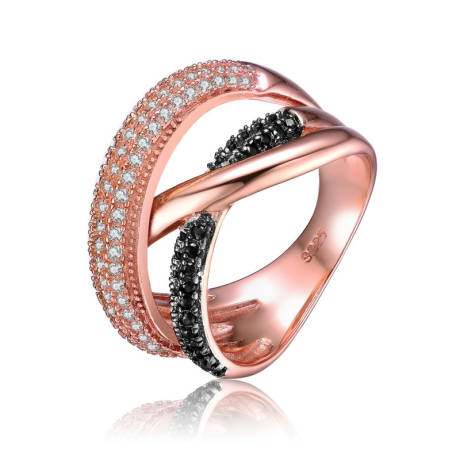 Genevive Sterling Silver Two Tone with Clear and Black Cubic Zirconia Interlocked Ring