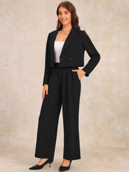 Allegra K - Long Sleeve Cropped Blazer Pant Suit