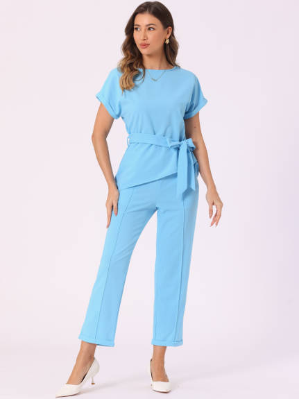 Allegra K - 2 Piece Round Neck Short Sleeve Suit Set