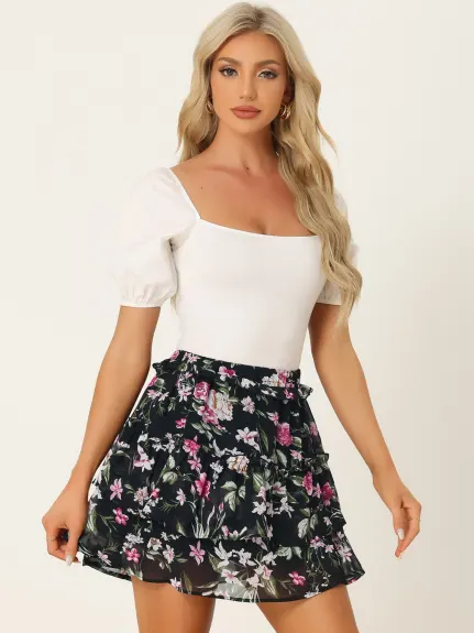 Allegra K- Layered Ruffle Elastic Waist Floral Mini Skirt