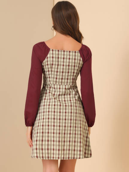 Allegra K- Long Sleeve Square Neck A-Line Plaid Dress