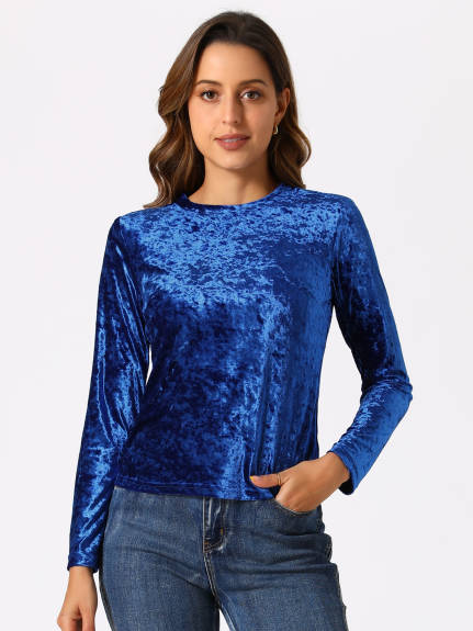 Allegra K- Velvet Round Neck Long Sleeve Top