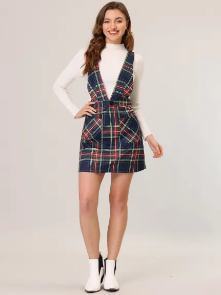 Allegra K- Plaid Above Knee Knit Crossover V Neck Overall Skirt