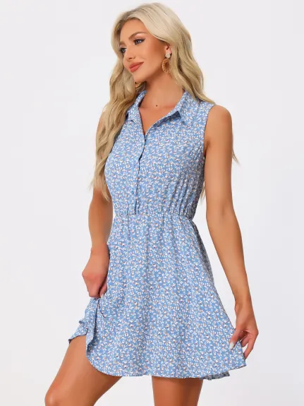 Allegra K- Printed Half Placket Sleeveless Belted Dress