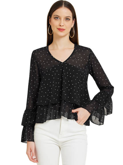 Allegra K - Polka Dots Ruffle Hem Long Sleeve Blouse