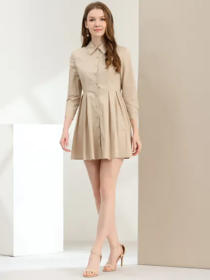 Allegra K- Point Neck Button Up 3/4 Sleeve Belted Shirt Dress