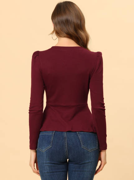 Allegra K- Puff Long Sleeve Button Decor Peplum Pullover Top