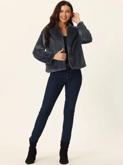 Allegra K- Cropped Notch Lapel Fluffy Coat