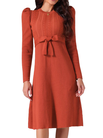 Allegra K - Puff Long Sleeve Tie Waist Midi Dress