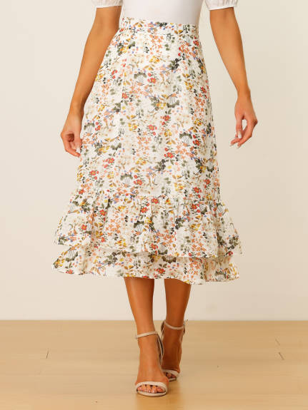 Allegra K- Zipper Printed Chiffon Ruffle Tiered Midi Skirt