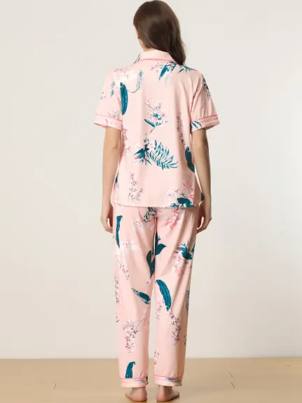 cheibear - Button Down Satin Floral Summer Pajamas Set