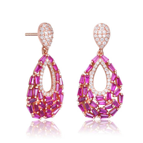 Genevive Sterling Silver with Rose Gold Plated Red Color Baguette and Round Cubic Zirconia Pear Shape Drop Earrings